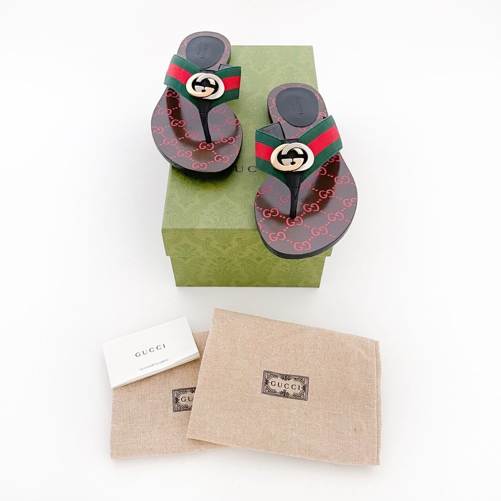 Gucci Kika GG Web Stripe Thong Sandal EU 39 US 9 Red Flip Flop Flat Slide